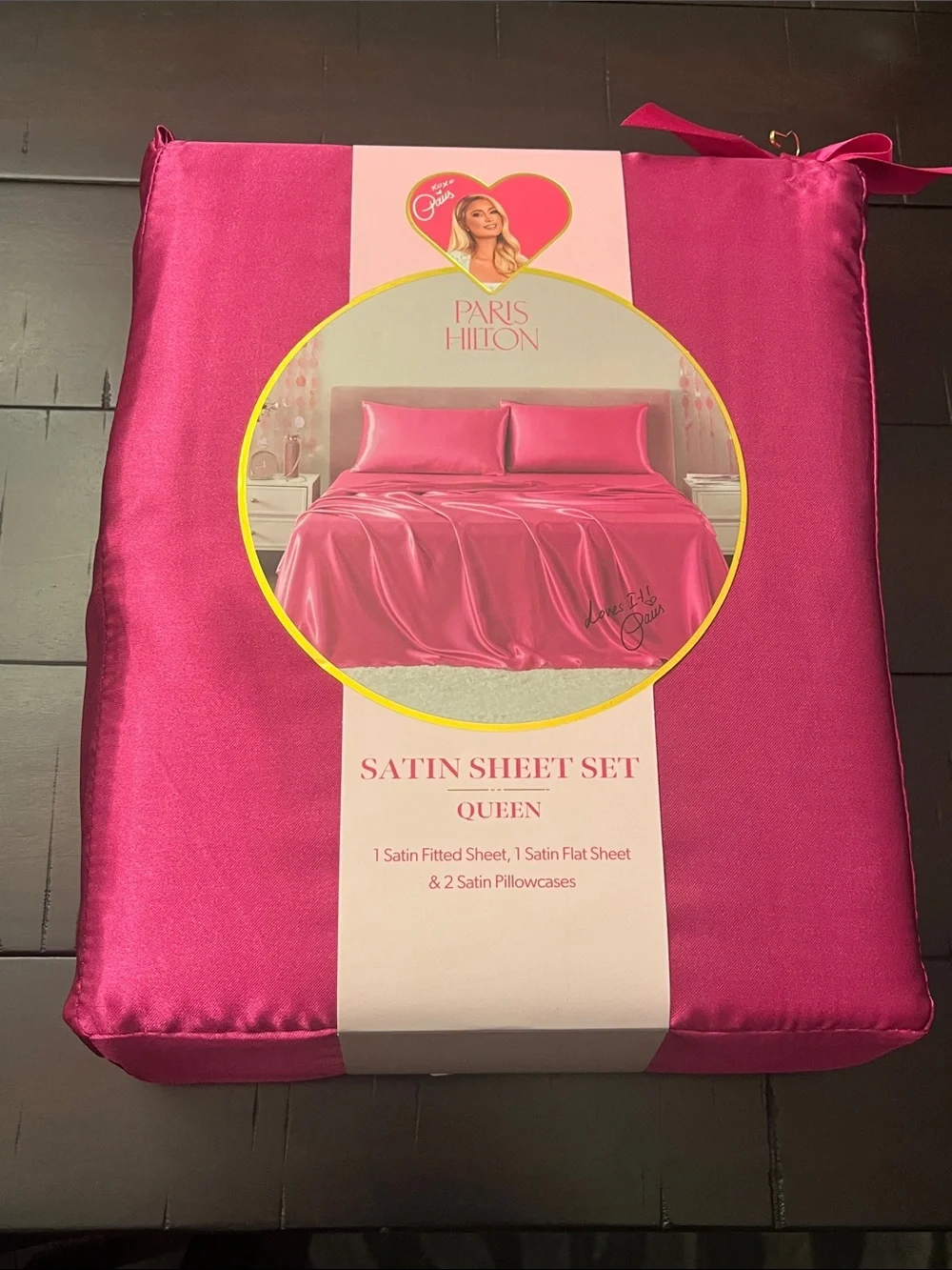 Paris Hilton Satin Sheet Set Queen Fuchsia new Flat, Fitted and 2 Pillowcases